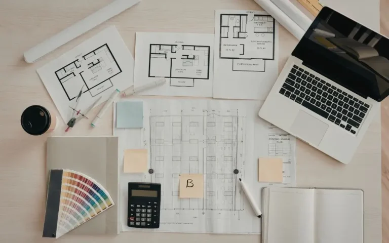table with a couple of plans, a computer, notebook and a calculator illustrating how to build a career plan